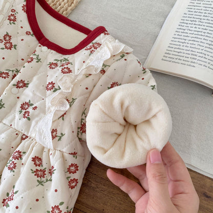 Winter Arrival Baby Girls Long Sleeves Flowers Pattern Fleece-Lined Rompers