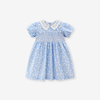 Baby Kids Girls Lace Collar Floral Design Short Sleeves Dress