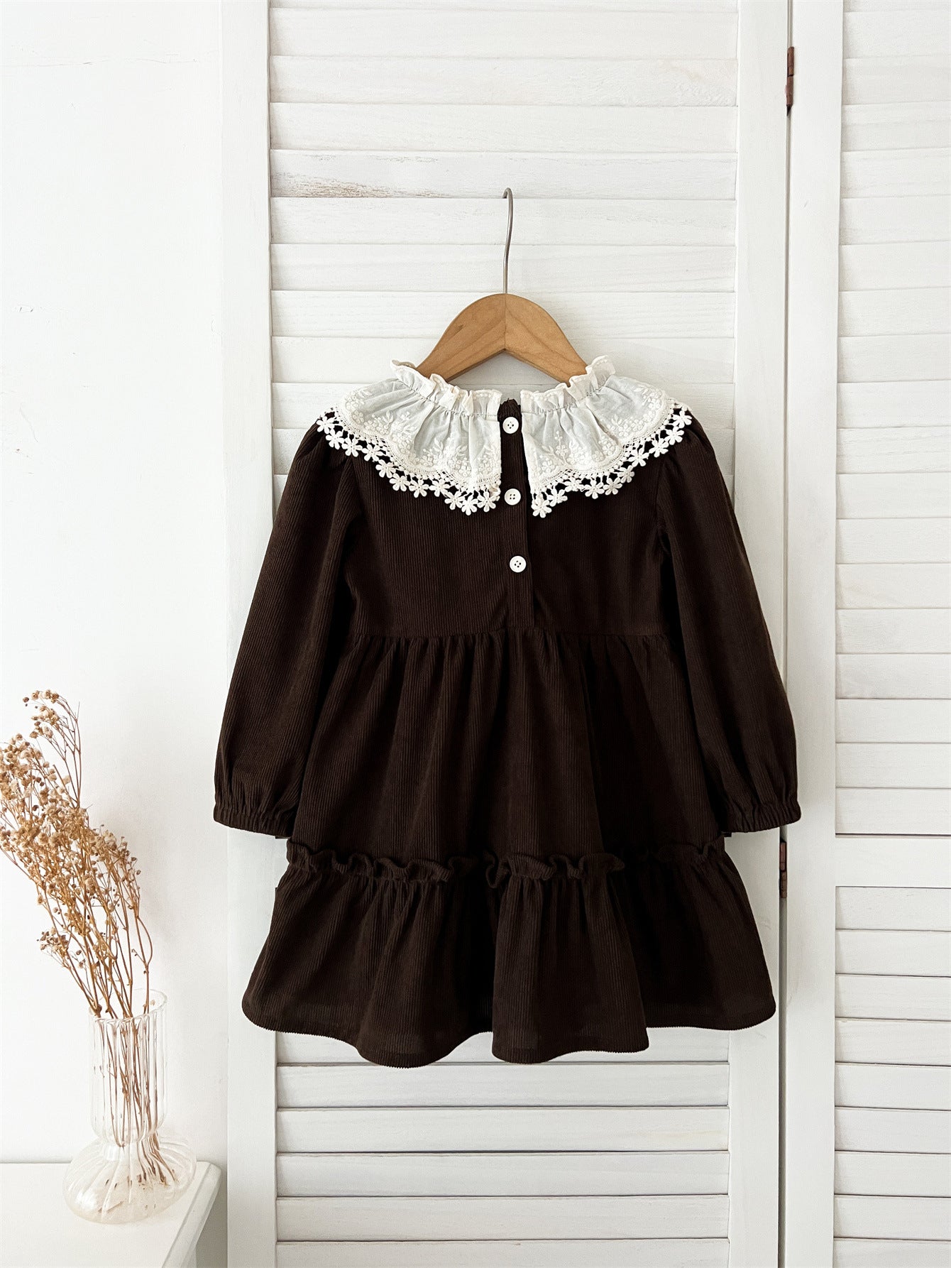 Spring and Autumn Corduroy Long-sleeved Dress with Lace Collar for Stylish Girls, MyKids-USA®, Baby & Toddler Dresses, MyKids-USA - Size/Age - 90 (12-24M) - Color - Coffee -  -  - TR2412301016-A