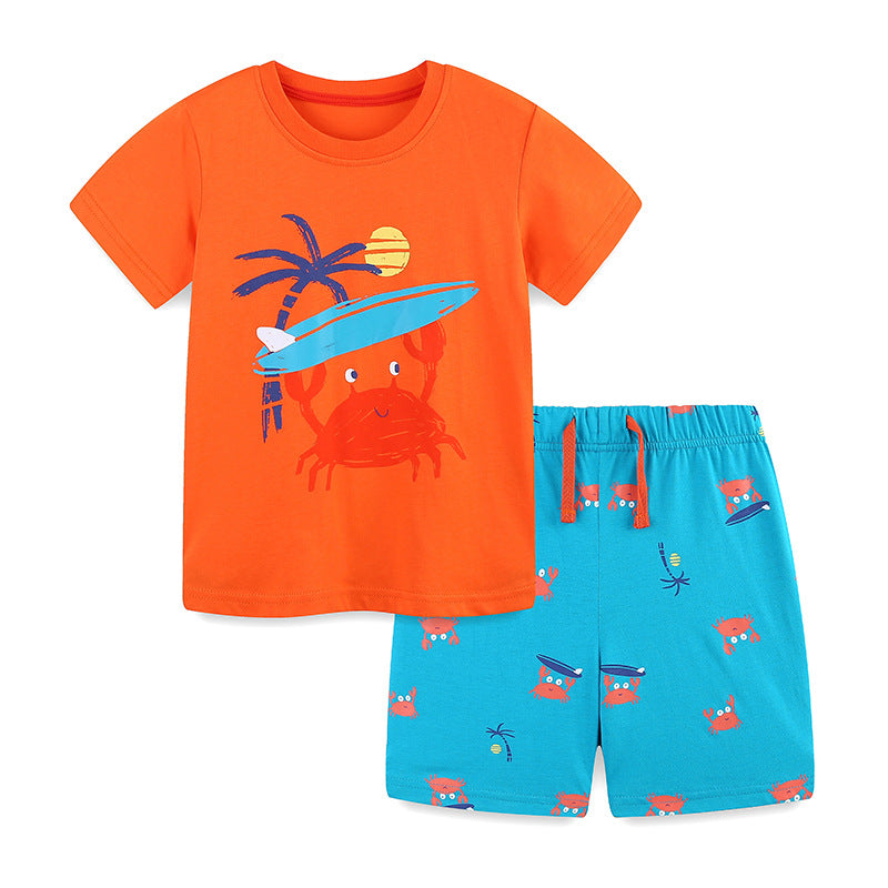 Summer Baby Kids Cartoon Crabs Pattern T-shirt and Shorts Clothing Set for Boys, MyKids-USA®, Baby & Toddler Outfits, MyKids-USA - Size/Age - 90 (12-24M) - Color - Orange -  -  - TR2505261718-A