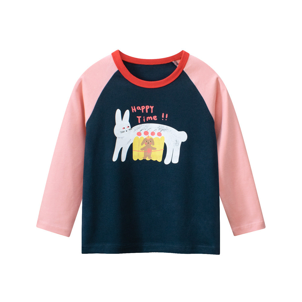 Autumn Baby Kids Girls Letters and Cartoon Print Long Sleeves Crew Neck Color Patchwork Top Shirt, MyKids-USA®, Baby & Toddler Tops, MyKids-USA - Size/Age - 90 (12-24M) - Color - Navy Blue (Dark Blue) -  -  - TR2508142353-A