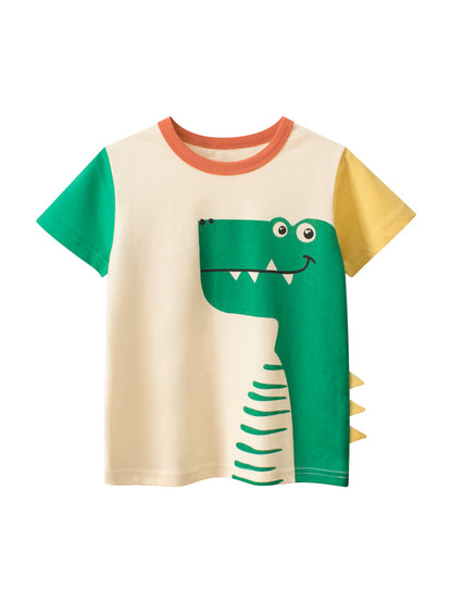 Boys's Cartoon Dinosaur Print Color Patchwork Short Sleeves T-Shirt In European And American Style, MyKids-USA®, Baby & Toddler Tops, MyKids-USA -  -  -  -  -  -  - 
