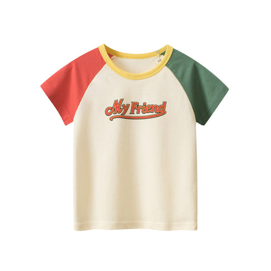 Boys’ Letters Print Color Patchwork T-Shirt In European And American Style