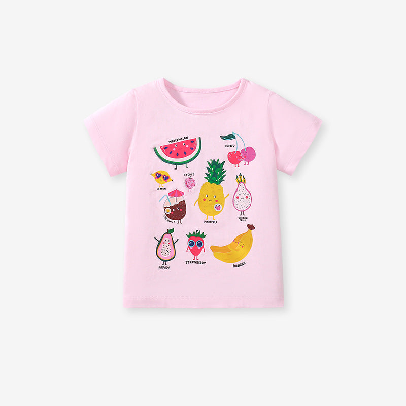 Kids’ Fruits Cartoon Pattern Short Sleeves T-shirt in European and American Style for Summer, MyKids-USA®, Baby & Toddler Tops, MyKids-USA - Size/Age - 90 (12-24M) - Color - Pink -  -  - TR2503171436-A