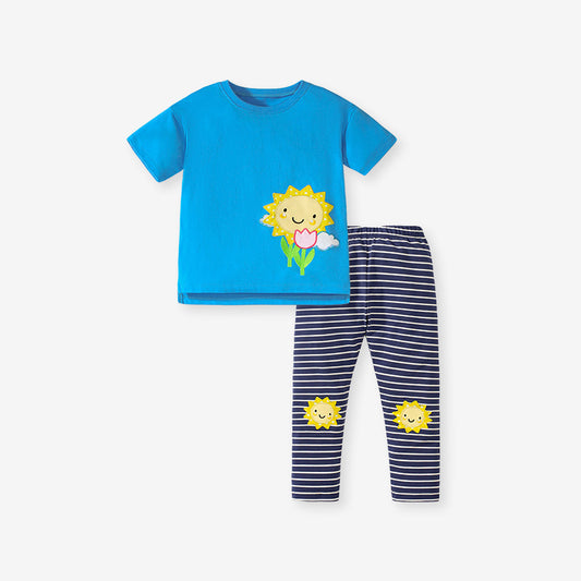 Summer Baby Kids Girls Sunflower Print Short Sleeves T-Shirt And Striped Pants Clothing Set
