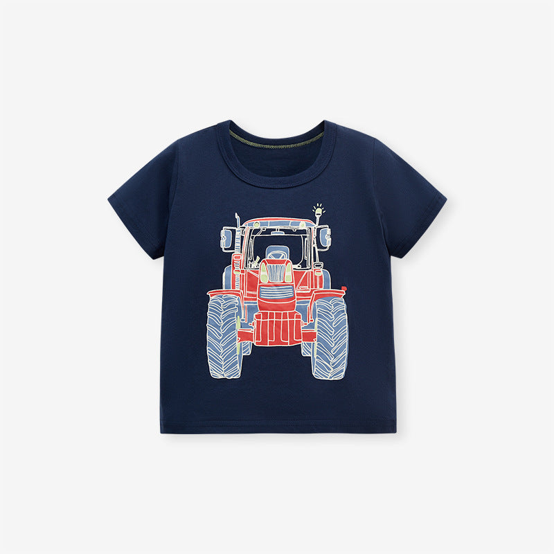 Round Neck Tractor Cartoon Printing Boys’ T-Shirt In European And American Style For Summer