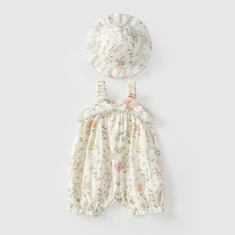 Summer Arrival Sleeveless Floral Pattern Strap Rompers with Hat for Stylish Girls, MyKids-USA®, Baby One-Pieces, MyKids-USA - Size/Age - 66 (3-6M) - Color - Beige -  -  - TR2505072038-A