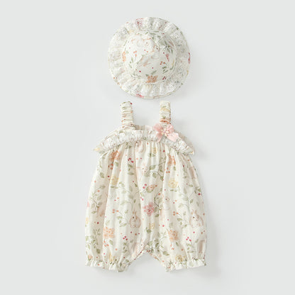 Summer Arrival Sleeveless Floral Pattern Strap Rompers with Hat for Stylish Girls, MyKids-USA®, Baby One-Pieces, MyKids-USA - Size/Age - 66 (3-6M) - Color - Beige -  -  - TR2505072038-A