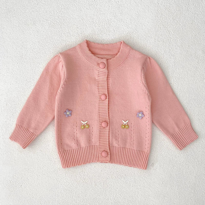 Autumn Arrival Baby Girls Comfortable Flowers and Fruits Decorated Knitted Long Sleeves Cardigan, MyKids-USA®, Cardigans, MyKids-USA - Size/Age - 66 (3-6M) - Color - Pink -  -  - TR2507282348-C