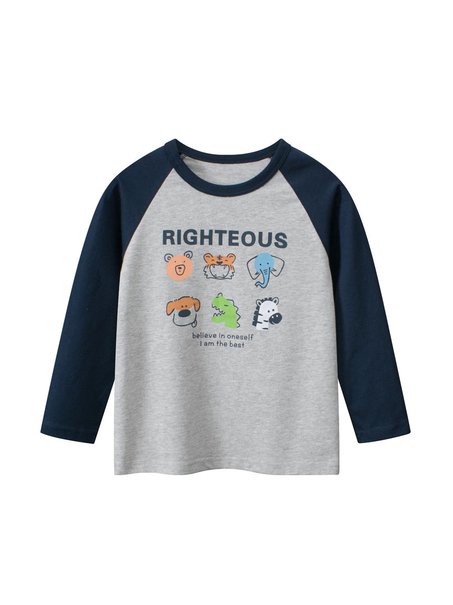 Autumn Baby Boys Letters and Animals Print Color Patchwork Long Sleeves Crew Neck Base Top Shirt, MyKids-USA®, Baby & Toddler Outerwear, MyKids-USA - Size/Age - 90 (12-24M) - Color - Navy Blue (Dark Blue) -  -  - TR2410241544-A