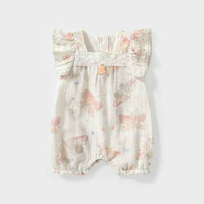 Summer Arrival Fly Sleeves Butterfly Pattern Square Neck Rompers for Stylish Girls, MyKids-USA®, Baby One-Pieces, MyKids-USA - Size/Age - 66 (3-6M) - Color - Beige -  -  - TR2505011737-A