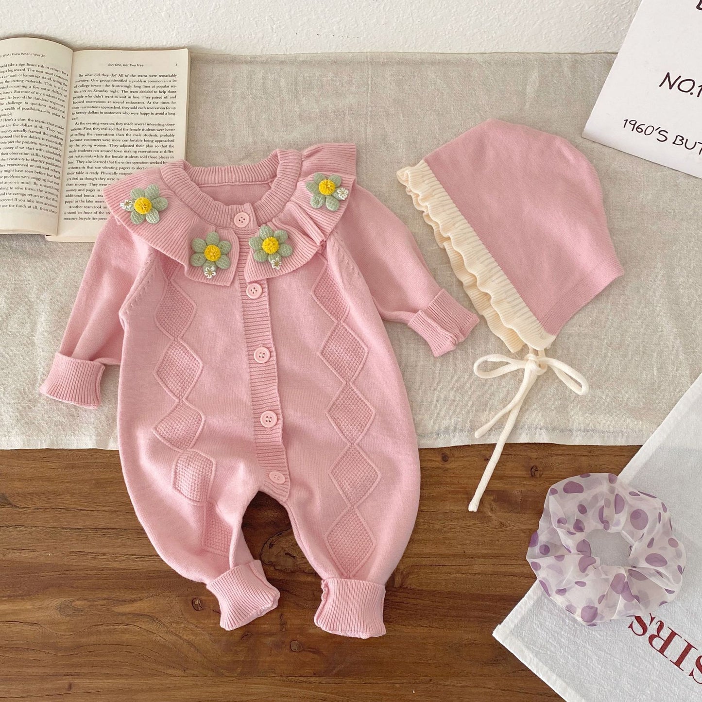 Autumn and Winter Arrival Baby Girls Long Sleeves Flowers Pattern Knitted Rompers, MyKids-USA®, Baby One-Pieces, MyKids-USA - Size/Age - 66 (3-6M) - Color - Pink -  -  - TR2512062324-A.