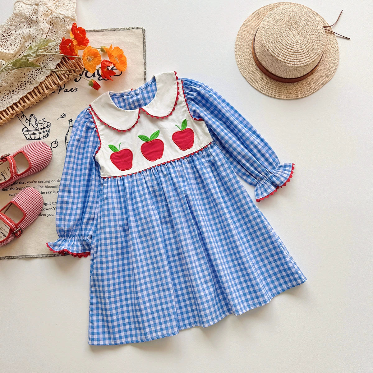 Arrival Autumn Girls Apples and Plaid Pattern Long Sleeves Dress, MyKids-USA®, Baby & Toddler Dresses, MyKids-USA -  -  -  -  -  -  - 