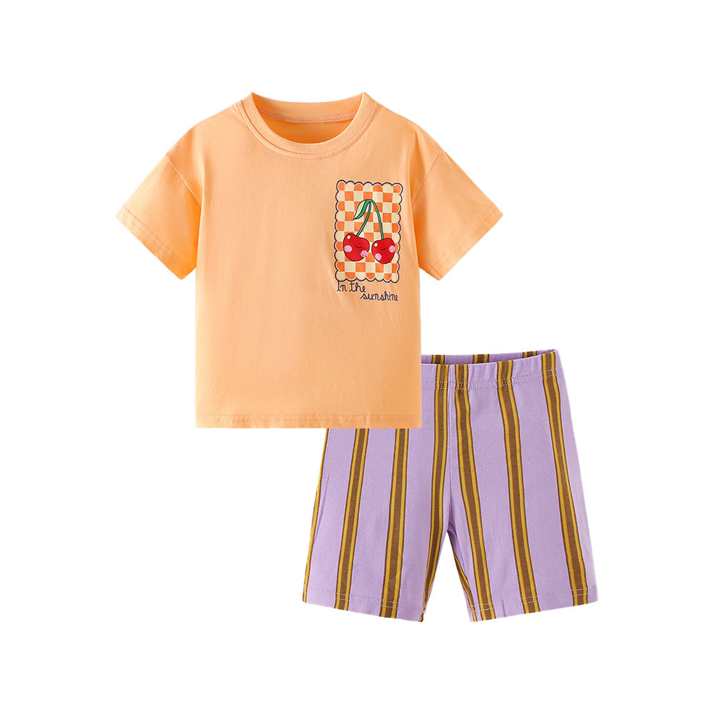 Summer Hot Selling Baby Kids Girls Short Sleeves Cartoon Cartoon Pattern T-shirt and Striped Shorts Clothing Set, MyKids-USA®, Baby & Children's Outfits, MyKids-USA - Size/Age - 90 (12-24M) - Colot - Yellow -  -  - TR2604041741-A.