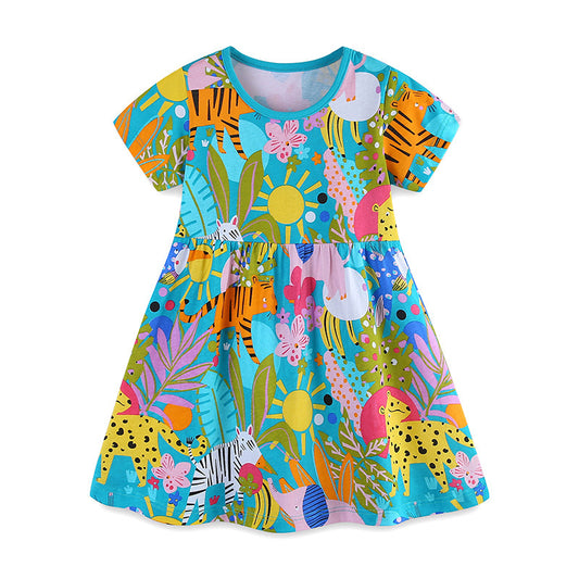 Summer Pure Cotton Cartoon Jungle Animals Pattern Short Sleeves Dress for Stylish Girls, MyKids-USA®, Baby & Toddler Dresses, MyKids-USA - Size/Age - 90 (12-24M) - Color - Blue -  -  - TR2501232226-A