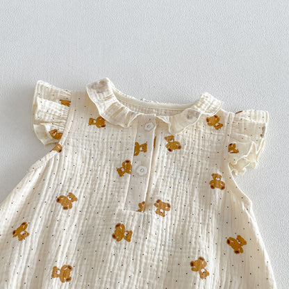 Design Summer Baby Kids Girls Fly Sleeves Teddy Bear Pattern Bodysuit