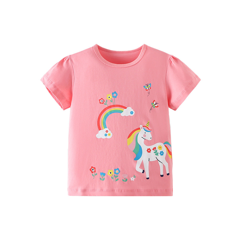 Summer Girls’ Unicorn Cartoon Pattern T-shirt in European and American Style, MyKids-USA®, T-Shirts, MyKids-USA - Size/Age - 90 (12-24M) - Color - Pink -  -  - TR2604151410-A.
