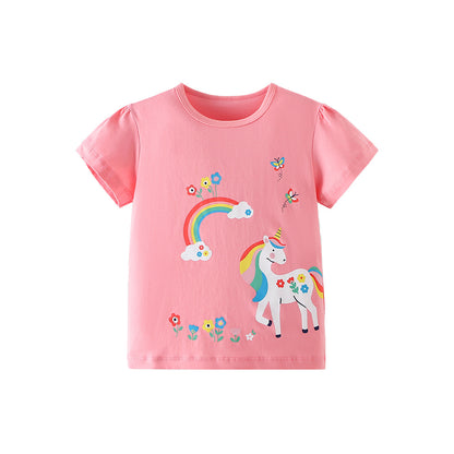 Summer Girls’ Unicorn Cartoon Pattern T-shirt in European and American Style, MyKids-USA®, T-Shirts, MyKids-USA - Size/Age - 90 (12-24M) - Color - Pink -  -  - TR2604151410-A.