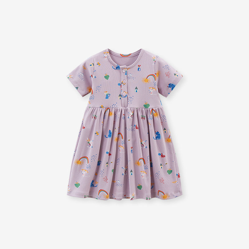 Spring And Summer Baby Girls Short Sleeves Rainbow Animals Floral Cartoon Print Dress