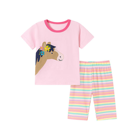 Summer Hot Selling Baby Kids Girls Short Sleeves Cartoon Pattern T-shirt and Striped Pants Clothing Set