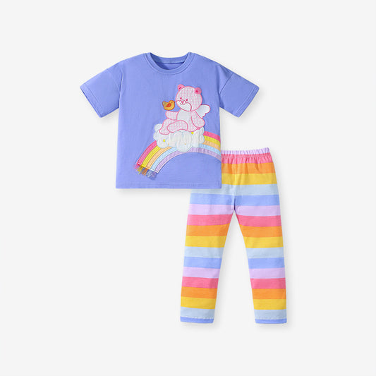 Summer Baby Kids Girls Rainbow Teddy Pattern Short Sleeves T-Shirt And Striped Pants Clothing Set