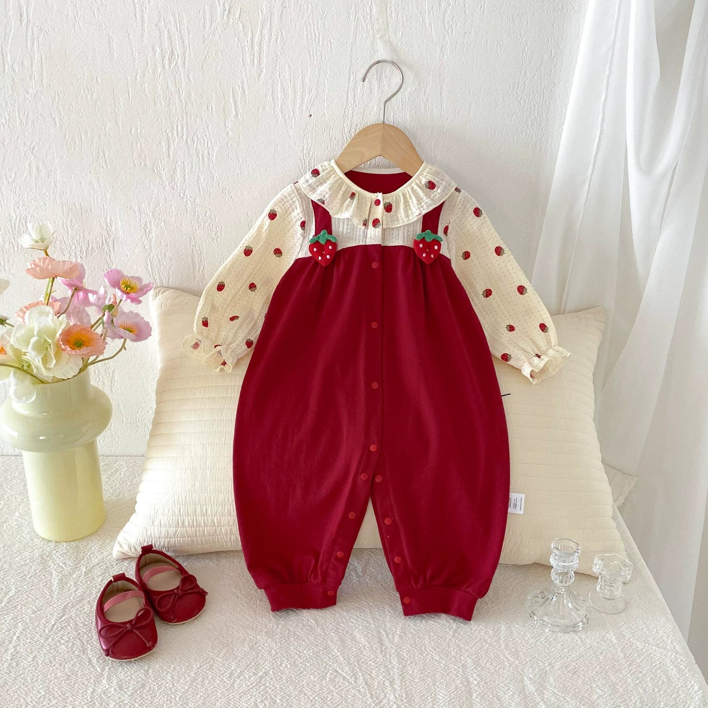 Autumn Hot Selling Baby Girls Long Sleeves Red Strawberry Pattern Color Patchwork Rompers, MyKids-USA®, Baby One-Pieces, MyKids-USA -  -  -  -  -  -  - 