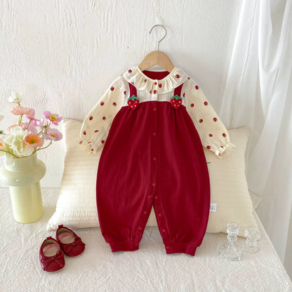 Autumn Hot Selling Baby Girls Long Sleeves Red Strawberry Pattern Color Patchwork Rompers, MyKids-USA®, Baby One-Pieces, MyKids-USA -  -  -  -  -  -  - 