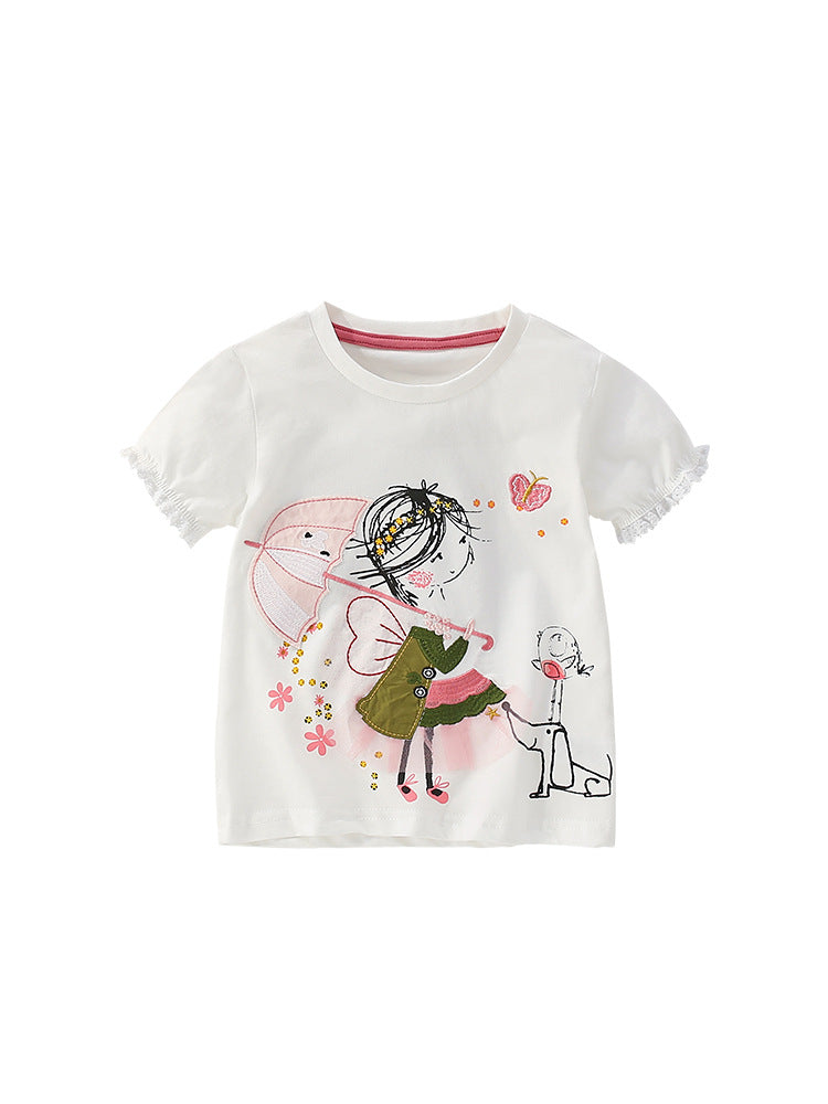 Summer Girls’ Cartoon and Flowers Pattern T-shirt in European and American Style, MyKids-USA®, Baby & Toddler Tops, MyKids-USA -  -  -  -  -  -  - 