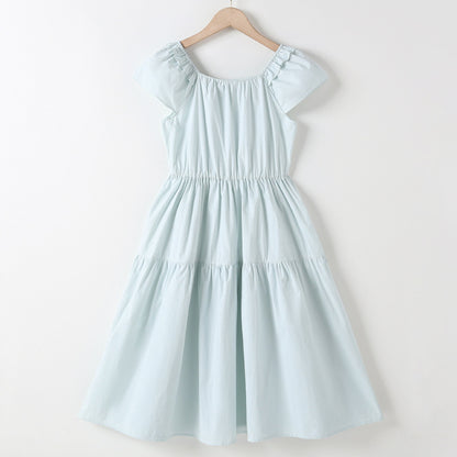 Summer Arrival Short Sleeves Solid Color Square Neck Dress for Stylish Girls