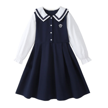 Autumn Arrival Long Sleeves Color Patchwork Preppy One-Piece Navy Collar Dress for Stylish Girls