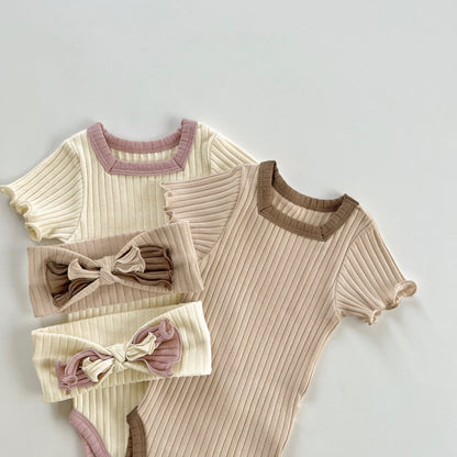 Summer Arrival Baby Short Sleeves Color Patchwork Striped Bodysuit with Hairband