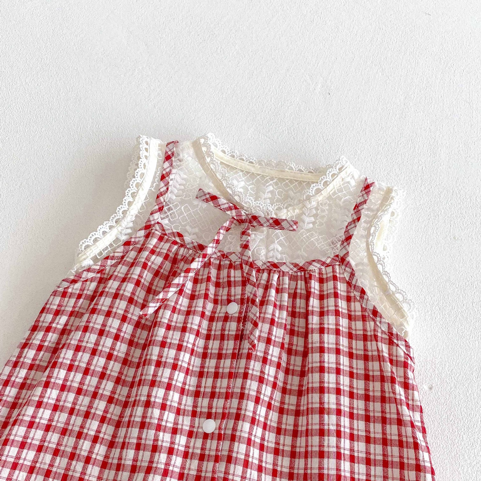 Summer Arrival Baby Girls Cute Lace Patchwork Sleeveless Plaid Rompers, MyKids-USA®, Baby One-Pieces, MyKids-USA -  -  -  -  -  -  - 