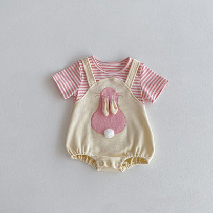 Summer New Design Baby Girls Cheap Striped Rabbits Pattern Short Sleeves Onesies