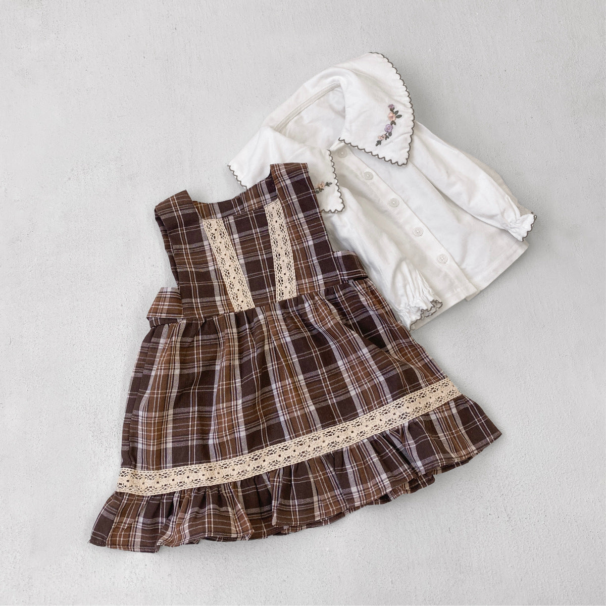 MyKids-USA® Spring and Autumn Baby Kids Girls Long Sleeves Embroidered Shirt and Sleeveless Plaid Dress Clothing Set