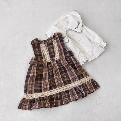MyKids-USA® Spring and Autumn Baby Kids Girls Long Sleeves Embroidered Shirt and Sleeveless Plaid Dress Clothing Set
