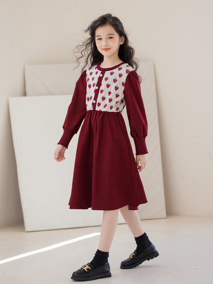 Autumn Arrival Long Sleeves Strawberry Pattern Knitted Dress for Stylish Girls