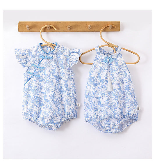 Summer New Design Baby Girls Floral Print Stand Collar Onesies And Sleeveless Strap Romper Clothing Set