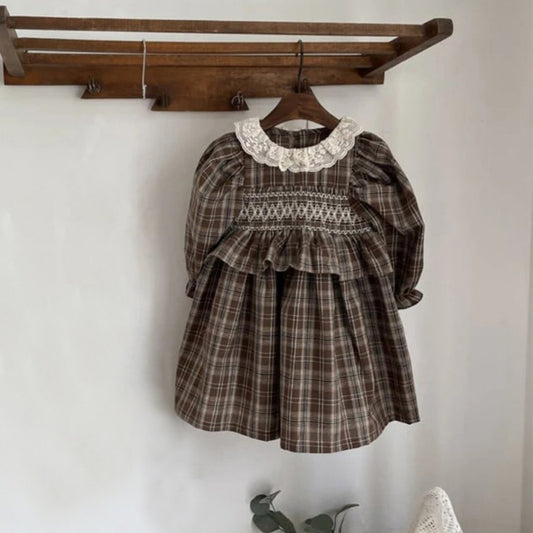 Autumn Arrival Baby Girls Long Sleeves Lace Trim Collar Plaid Dress