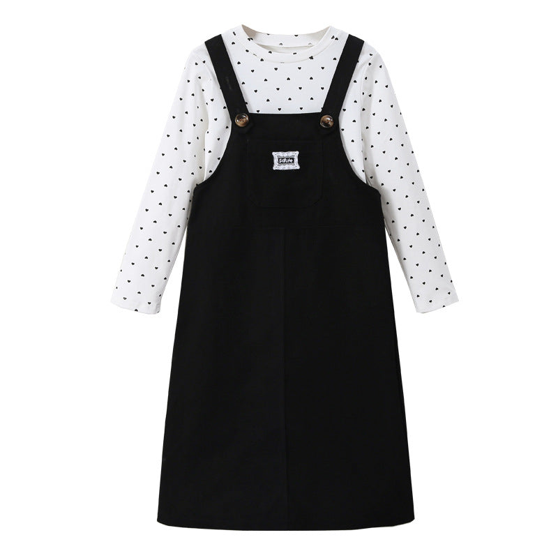 Arrival Autumn Kids Girls Long Sleeves Dots Pattern Top and Black Overalls Clothing Set