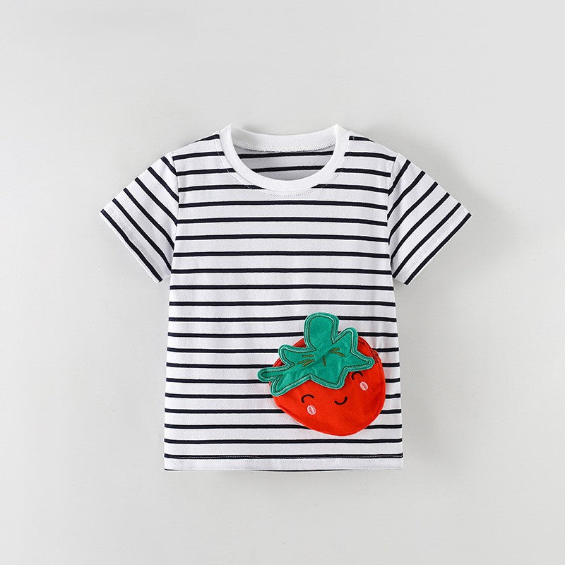 Summer Girls’ Fruits and Striped Pattern T-shirt, MyKids-USA®, T-Shirts, MyKids-USA - Size/Age - 100 (2-3Y) - Color - Black -  -  - TR2605242345-A.