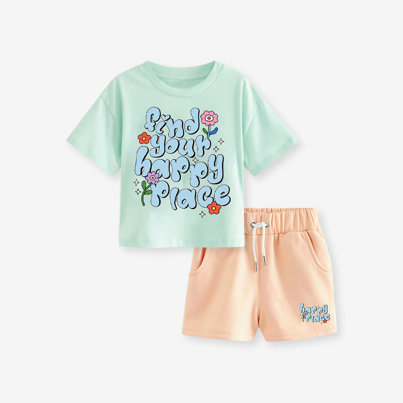 Baby And Kids Girls Floral Words Print Top And Shorts 2-Piece Casual Clothing Set