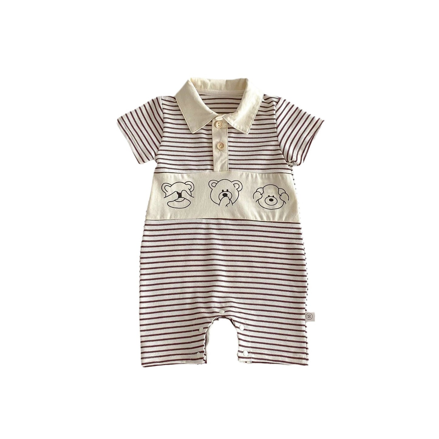 Summer New Design Short Sleeves Striped Turn-Down Collar Teddy Pattern Baby Rompers