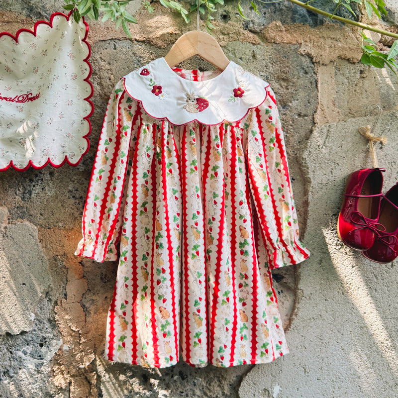Autumn Arrival Baby Kids Girls Rabbits and Striped Pattern Long Sleeves Dress with Collar, MyKids-USA®, Baby & Toddler Dresses, MyKids-USA -  -  -  -  -  -  - 