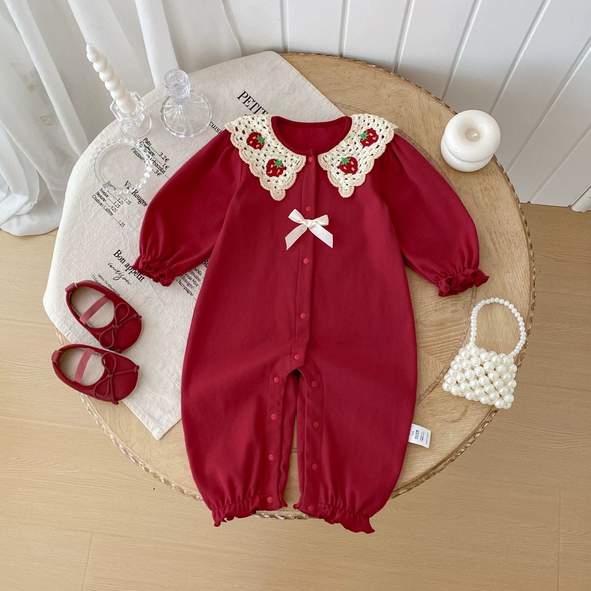 Autumn Arrival Baby Girls Long Sleeves Strawberry Embroidered Pattern Single Breasted Rompers, MyKids-USA®, Baby One-Pieces, MyKids-USA - Size/Age - 66 (3-6M) - Color - Red -  -  - TR2508122252-A