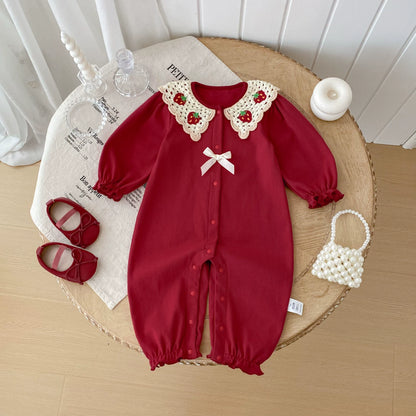 Autumn Arrival Baby Girls Long Sleeves Strawberry Embroidered Pattern Single Breasted Rompers, MyKids-USA®, Baby One-Pieces, MyKids-USA - Size/Age - 66 (3-6M) - Color - Red -  -  - TR2508122252-A