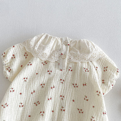 Design Summer Baby Kids Girls Short Sleeves Floral Pattern Bodysuit with Hat