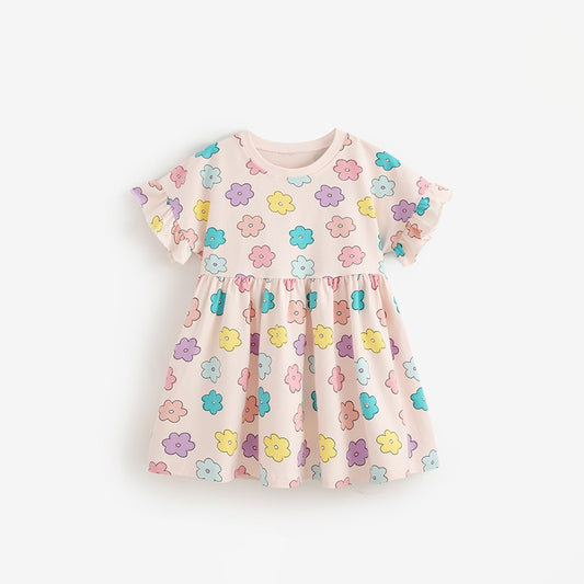Summer Hot Selling Cute Flowers Pattern Short Sleeves Dress for Stylish Girls