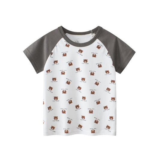 Boys’ Tiny Bear And Letters Print Color Patchwork T-Shirt In European And American Style
