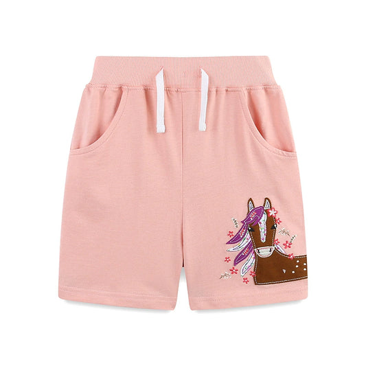 Summer Arrival Baby Kids Girls Cotton Casual Style Horse and Flowers Pattern Embroidered Shorts, MyKids-USA®, Shorts, MyKids-USA - Size/Age - 90 (12-24M) - Color - Pink -  -  - TR2506051907-A