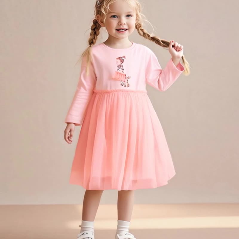 Autumn Arrival Cartoon Rabbit and Princess Pattern Long Sleeves Crew Neck Dress for Stylish Girls, MyKids-USA®, Baby & Toddler Dresses, MyKids-USA - Size/Age - 90 (12-24M) - Color - Pink -  -  - TR2507122213-A